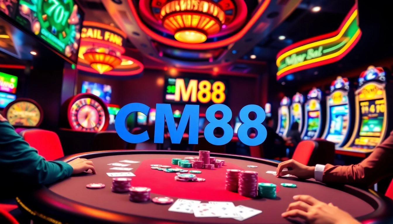 Exciting casino scene featuring CM88 with players at a poker table, vibrant slot machines, and roulette action.