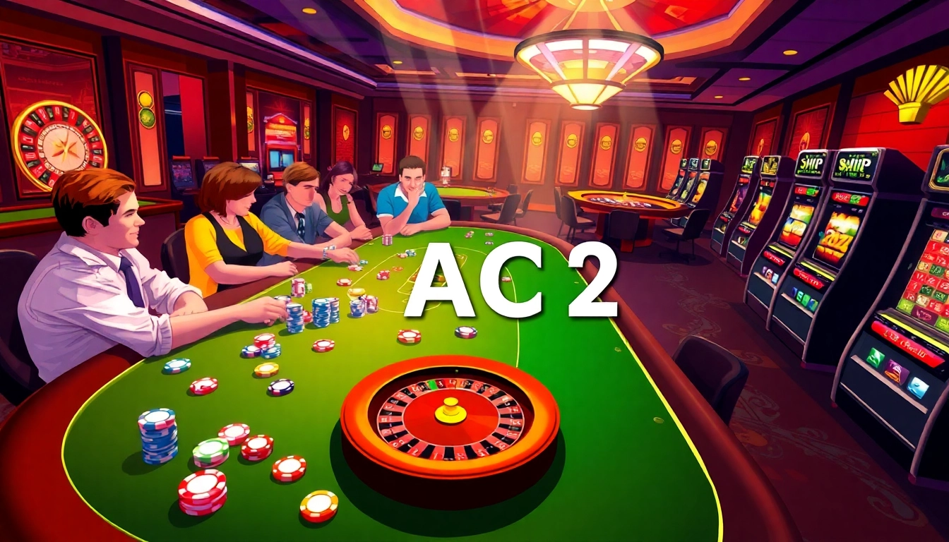 KJC AC 2 casino scene with players at blackjack table and roulette wheel spinning.