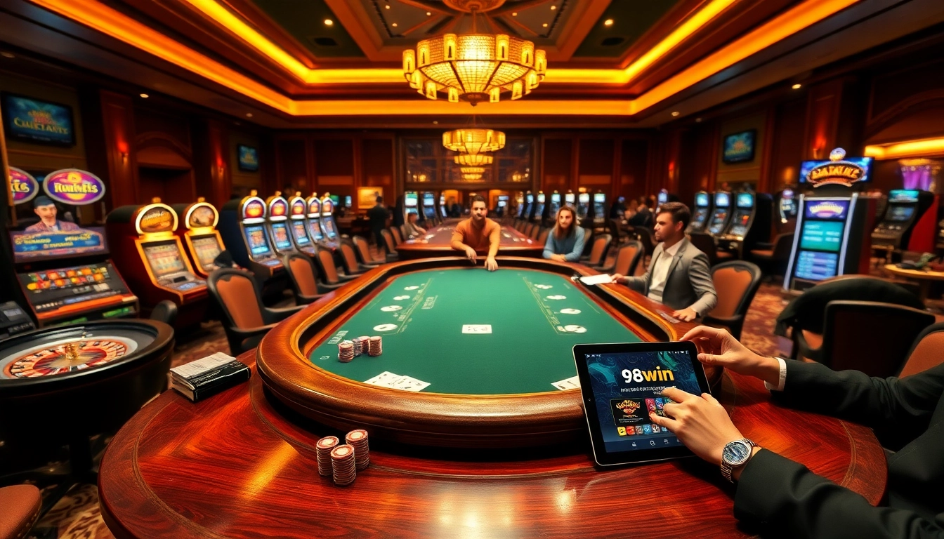 Experience the excitement of app 98win in a luxurious casino setting, featuring poker tables and vibrant slot machines.