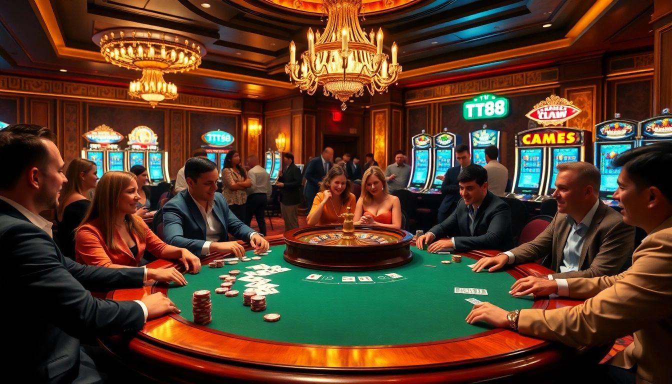 Engaging casino players at TT88 poker table enjoying high-stakes excitement with colorful chips.