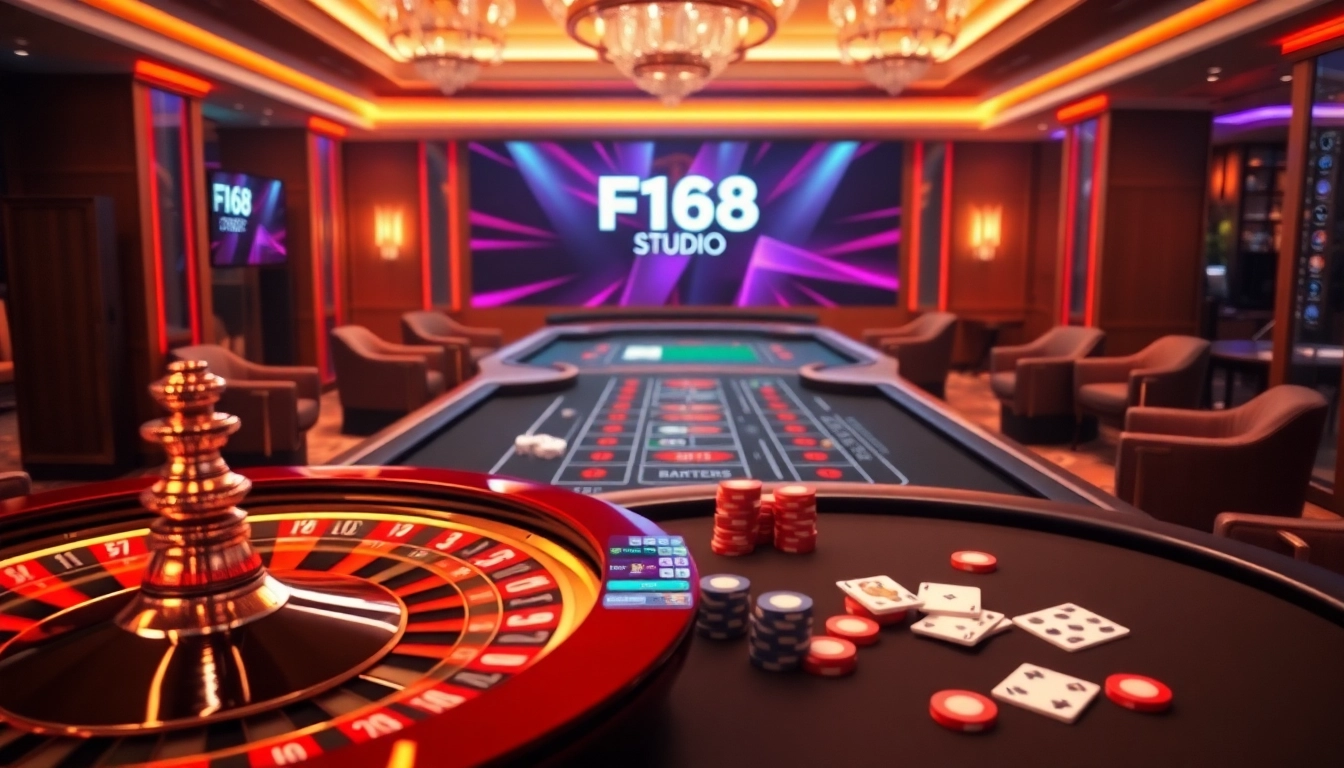 Experience the excitement of F168.STUDIO with vibrant casino visuals featuring Baccarat cards and roulette.