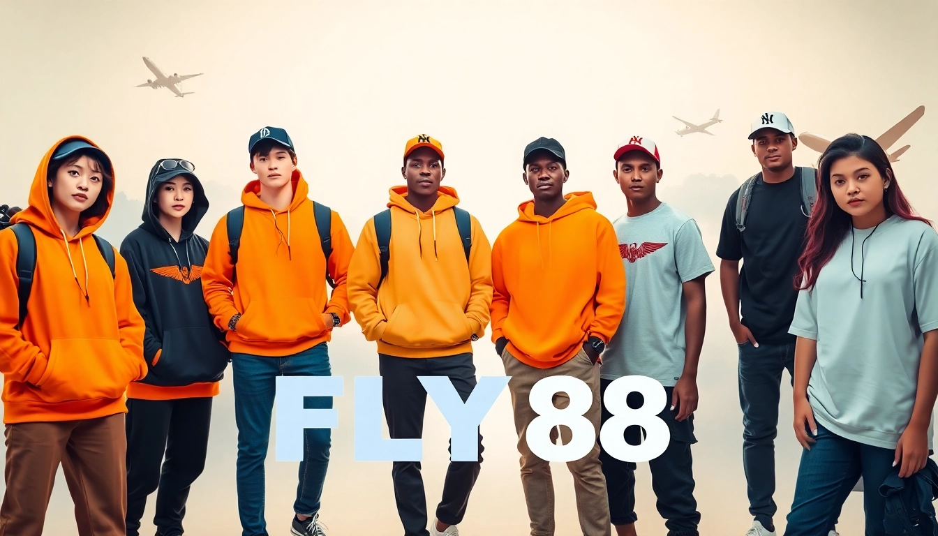 FLY88 aviation-inspired apparel displayed by diverse models in a stylish setting.