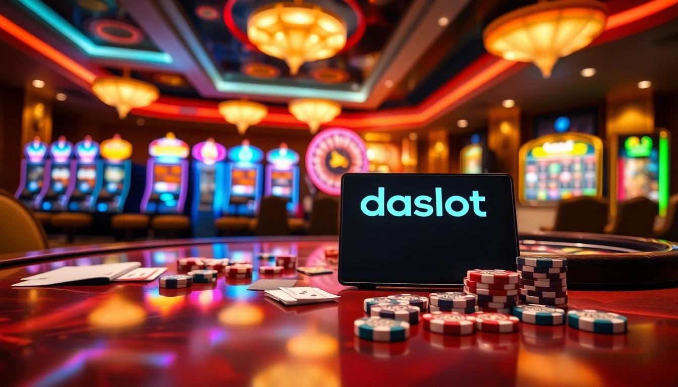 Experience high-stakes excitement at doaslot with colorful casino chips and glowing slot machines.