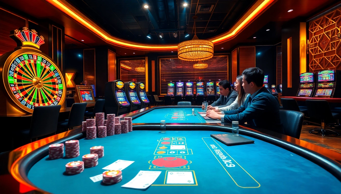 Engaging players at Trang Chủ BJ88 in a lively casino featuring roulette, blackjack, and slot machines