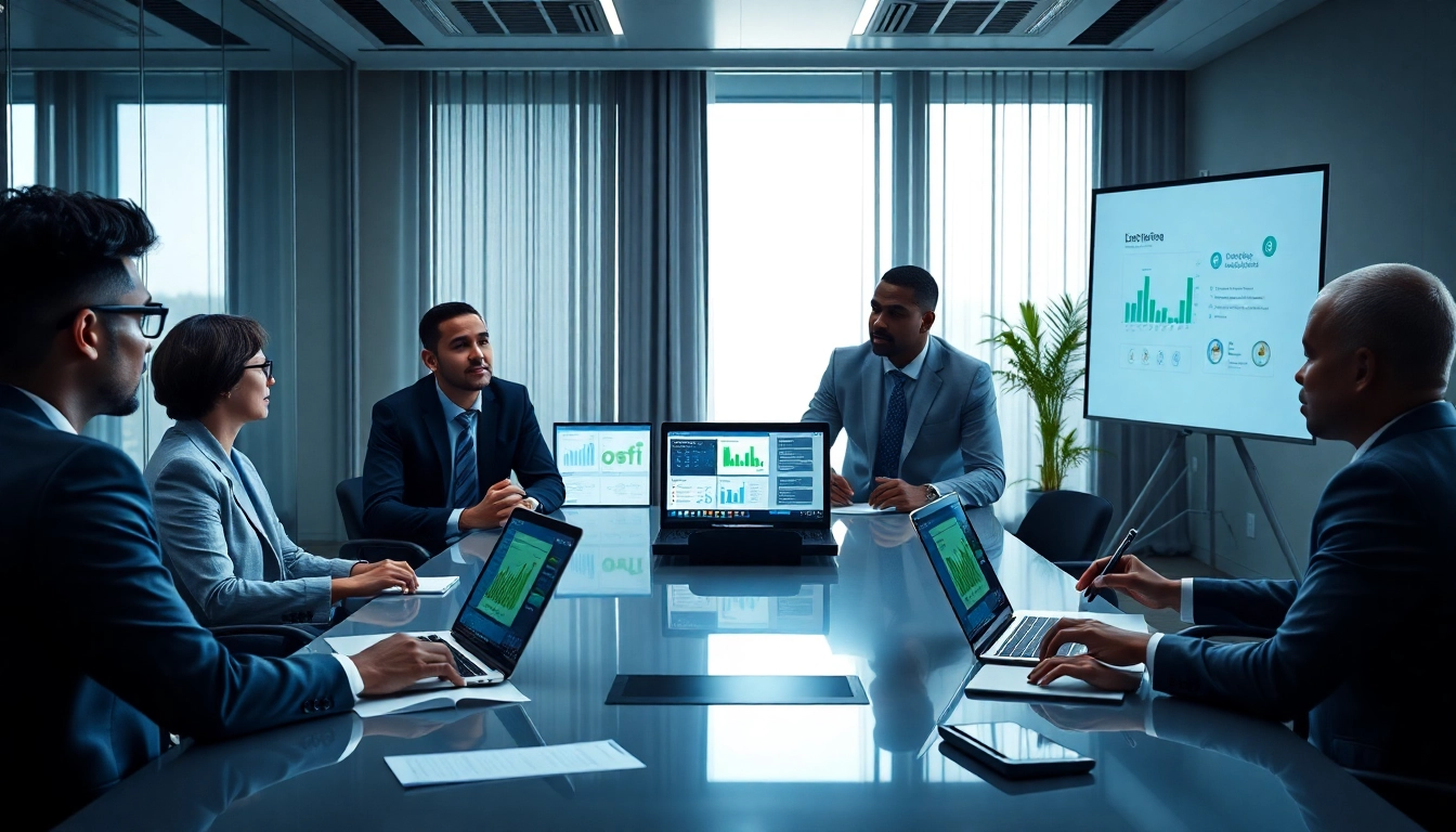 Business professionals discussing the Logo muhasebe programı in a modern office environment.