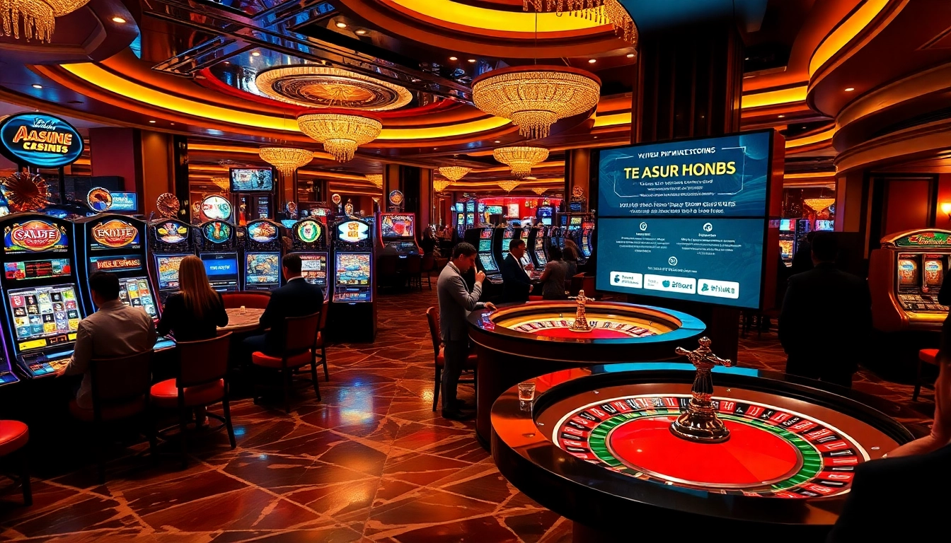 Experience the thrill of gambling with 상품권소액결제 at a luxurious casino, showcasing vibrant slot machines and a roulette table.