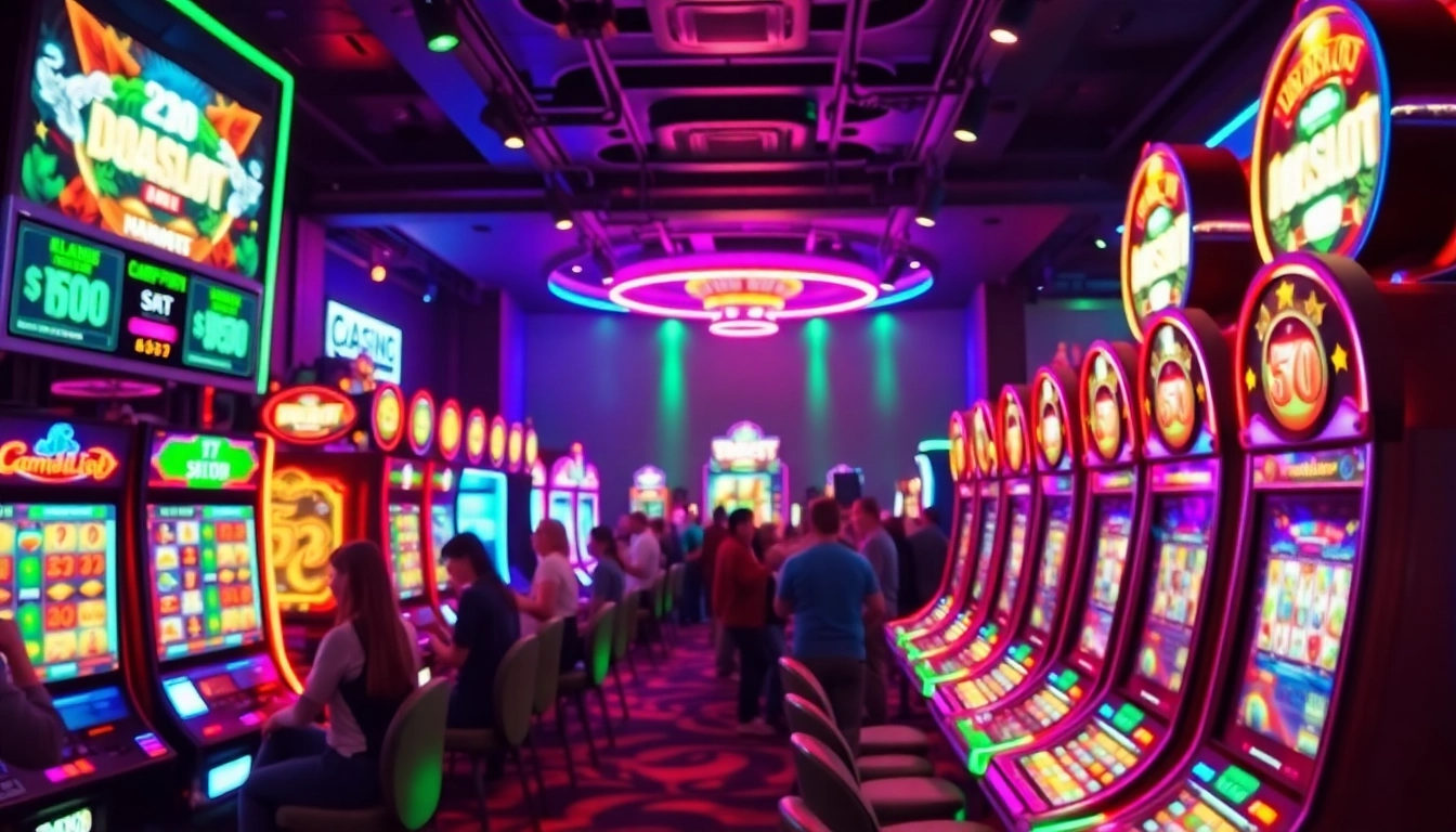 Exciting view of players engaging with doaslot slot machines in a vibrant casino environment.