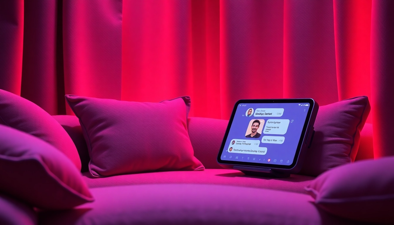 Engaging AI sex chat interaction in a modern, intimate lounge setting.