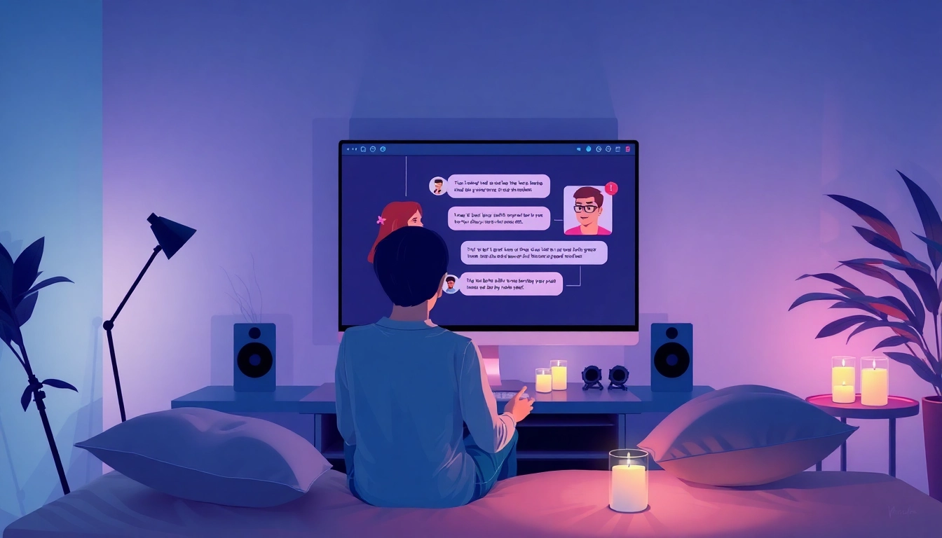 AI sex chat interface depicted in a cozy setting with expressive characters.