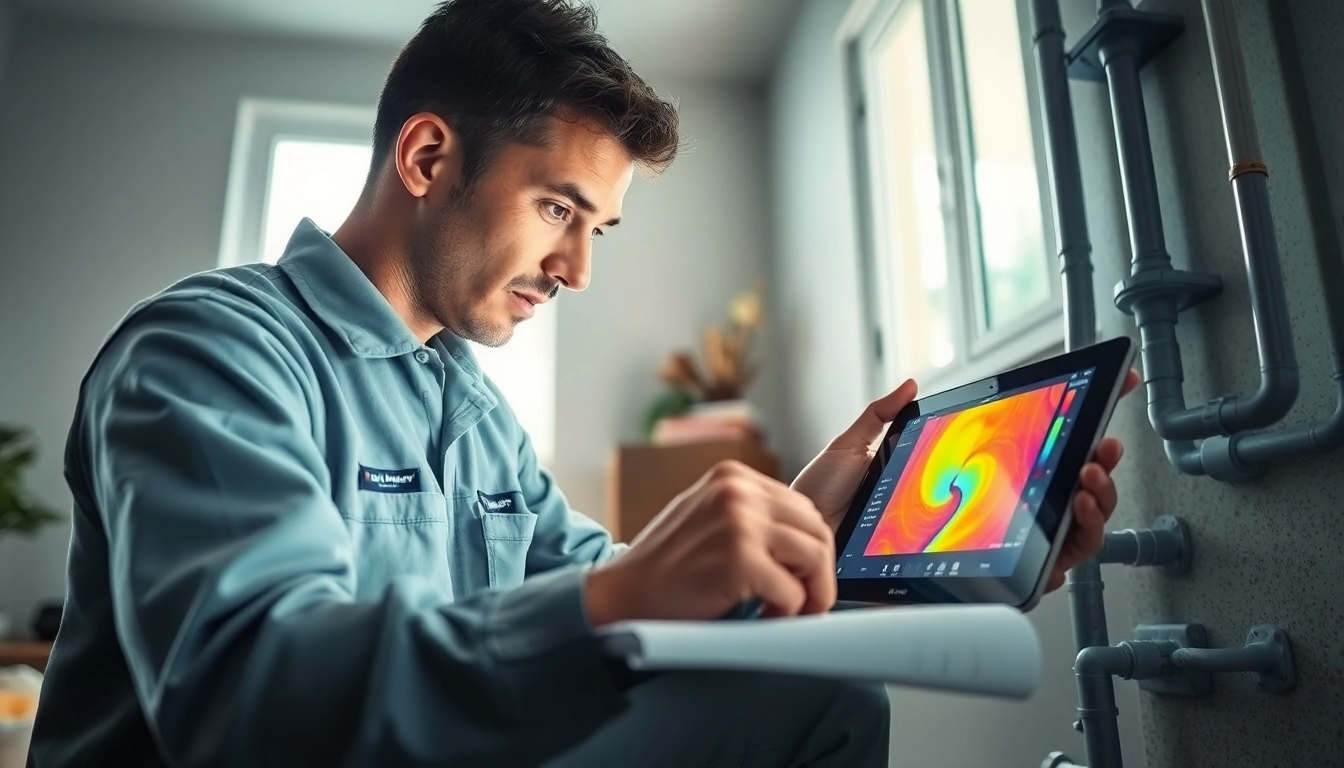 Underground leak detection technician using thermal imaging to locate a leak.