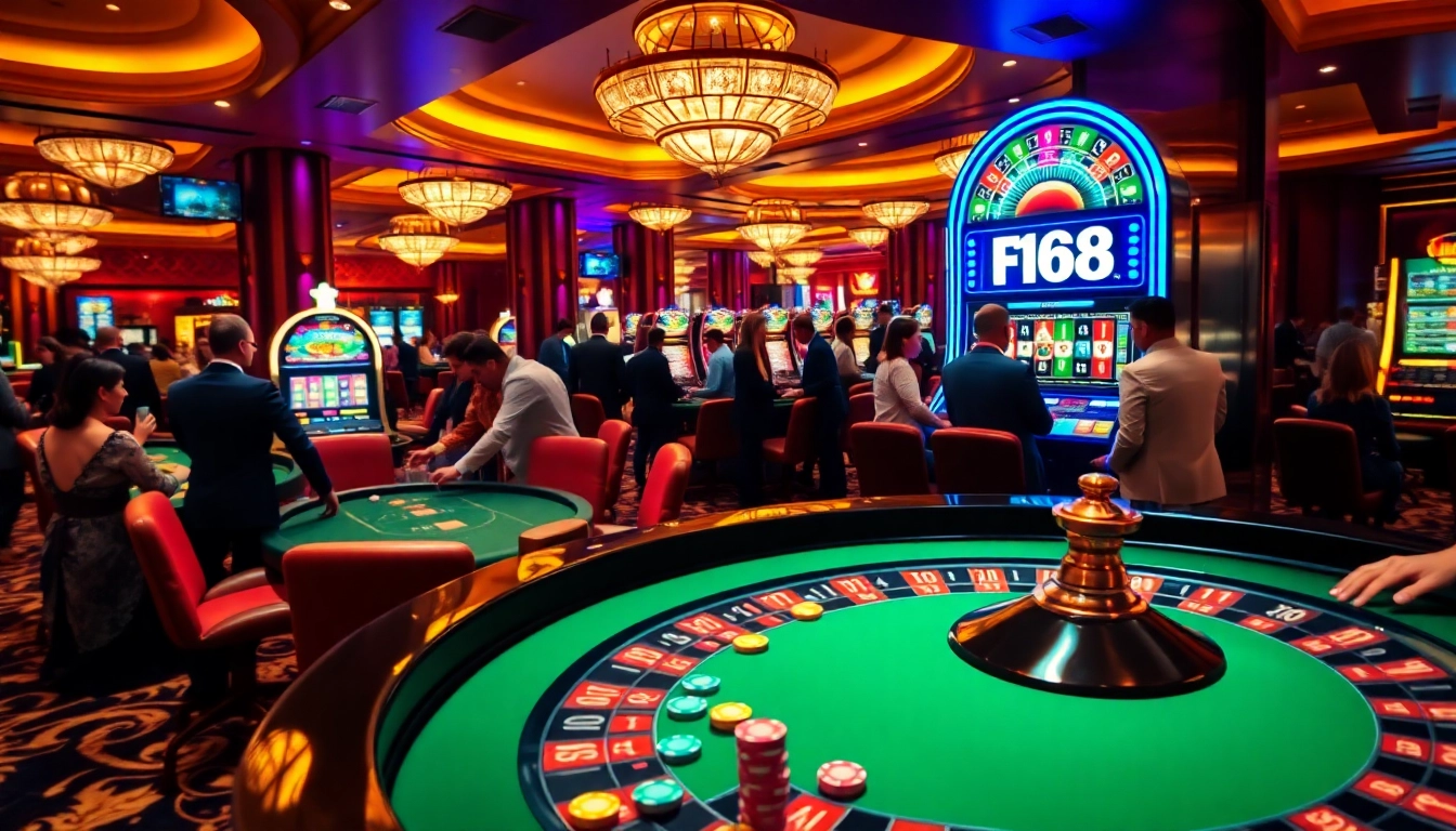 Experience the thrill of casino gaming at F168 with vibrant roulette tables and slot machines.