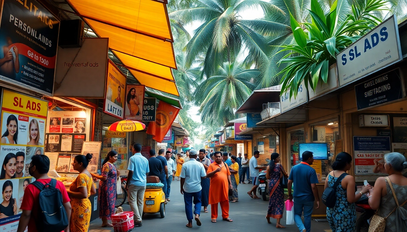 Vibrant marketplace scene featuring SL Ads for personal and spa services in Sri Lanka.