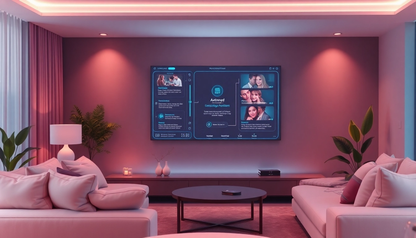 Cozy living room showcasing advanced sex AI technology and warm ambiance.