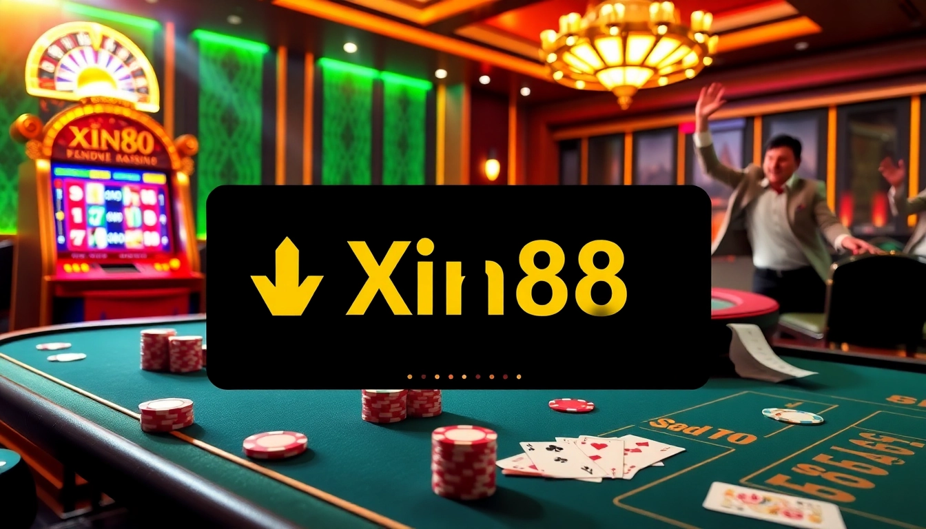 Experience seamless gambling adventure with the xin88 download showcased amidst vibrant casino elements.