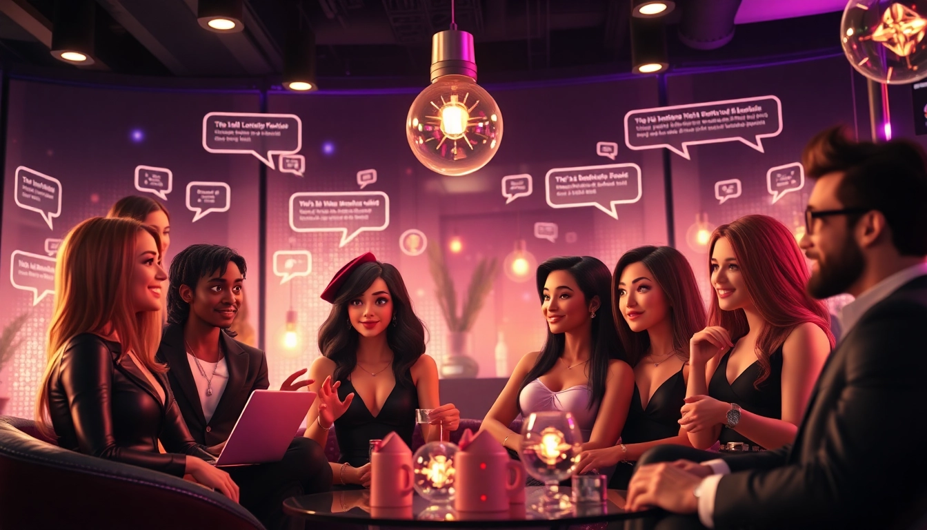 Engaging scene of diverse avatars in a sophisticated nsfw ai virtual chat room, showcasing animated interactions.