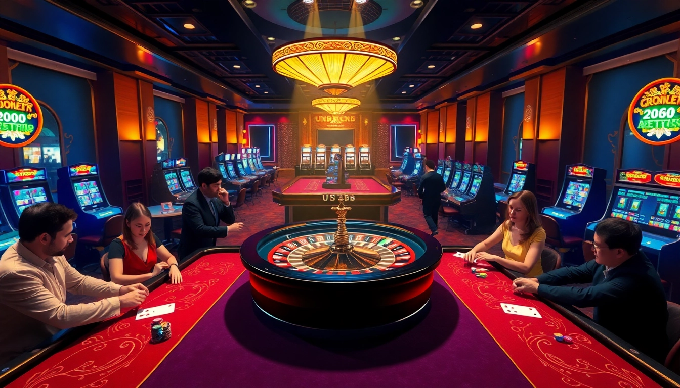 Players enjoying a thrilling game of roulette at uu88 casino, featuring vibrant tables and neon lights.