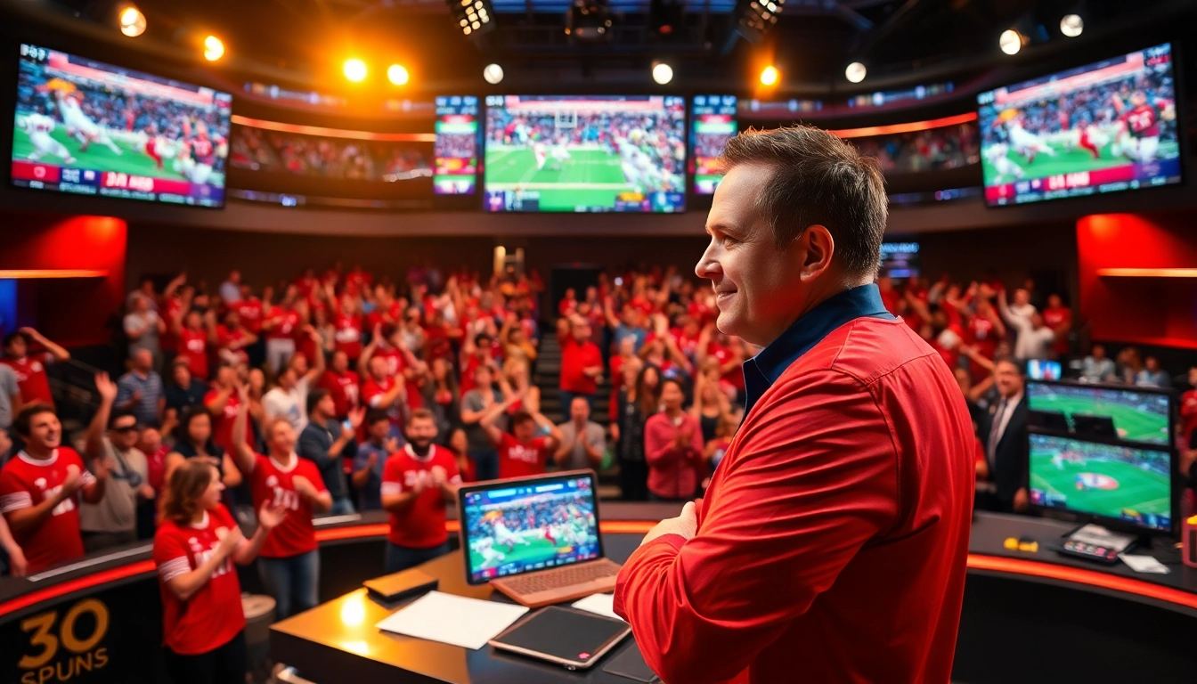 Engaging sports broadcasting scene showcasing a lively newsroom with hosts and screens.
