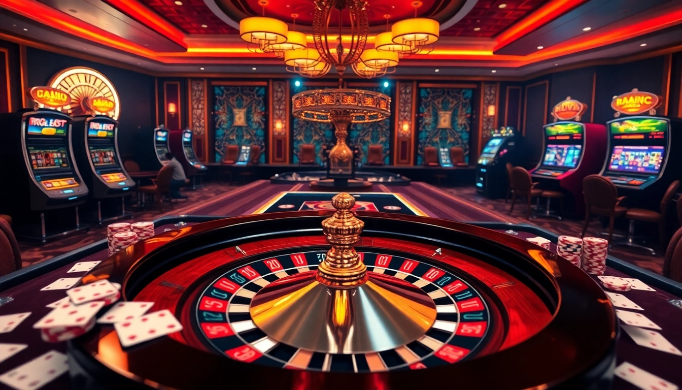 Sòng bạc trực tuyến 789P vibrant casino scene showcasing slot machines and roulette for thrilling online gameplay.