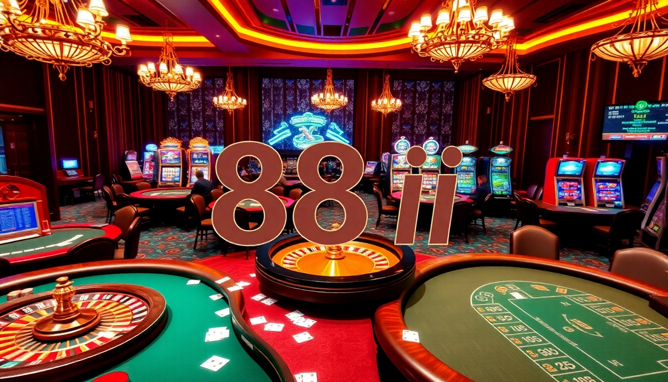 Players enjoying an exciting gaming session at 88i casino tables, surrounded by vibrant roulette wheels and colorful slot machines.