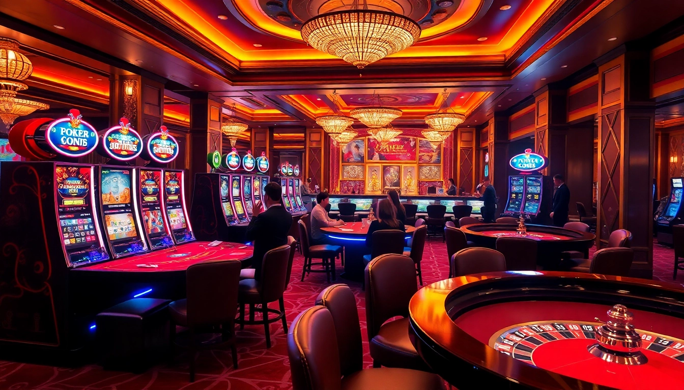 Excited players enjoying vibrant games at trang chủ kp88 casino, showcasing slot machines and poker tables.