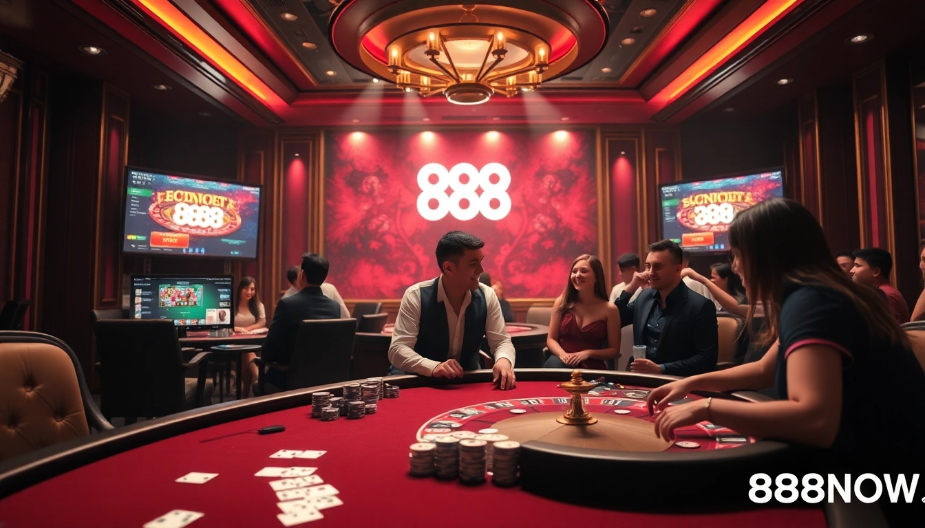 Players engaging in high-stakes gameplay at 888NOW casino with poker chips and a roulette wheel.