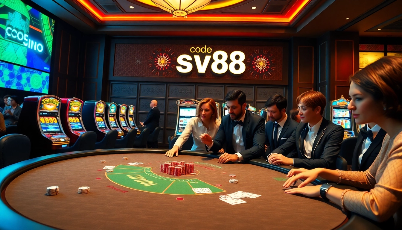 Engaging casino scene featuring poker table with chips, players, and code sv88 display.