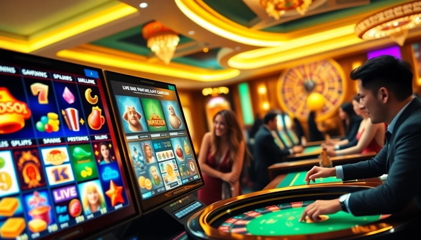 A dynamic online gambling scene featuring 98win with vibrant slots and eager players at a roulette table.