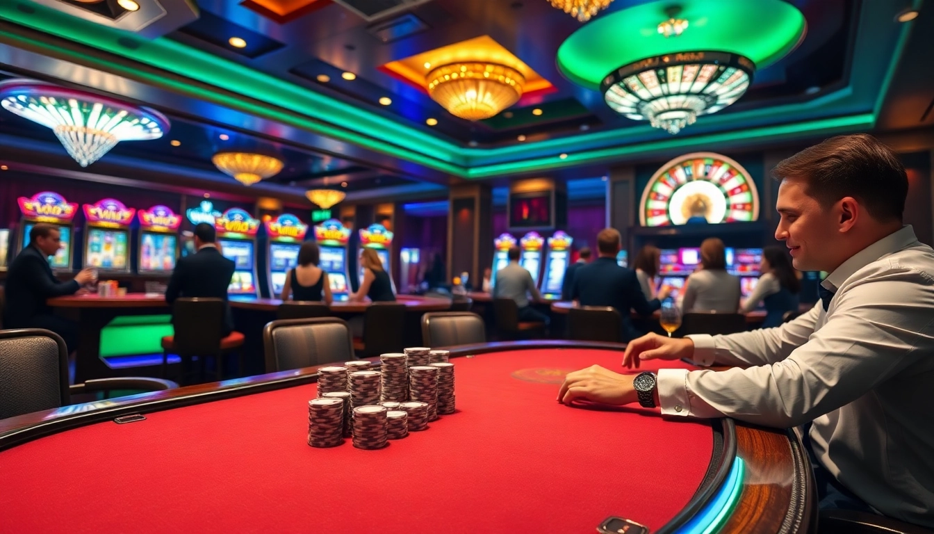 Players enjoying exciting games at VUA88's luxurious casino, showcasing vibrant slot machines and poker table action.