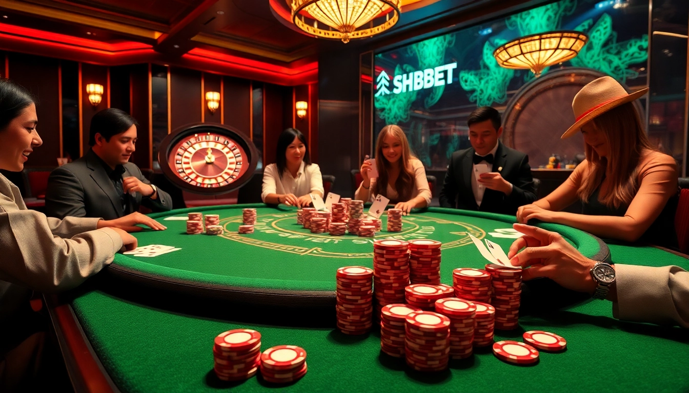Players enjoying a poker game at SHBET's luxurious casino, surrounded by vibrant chips and cards.