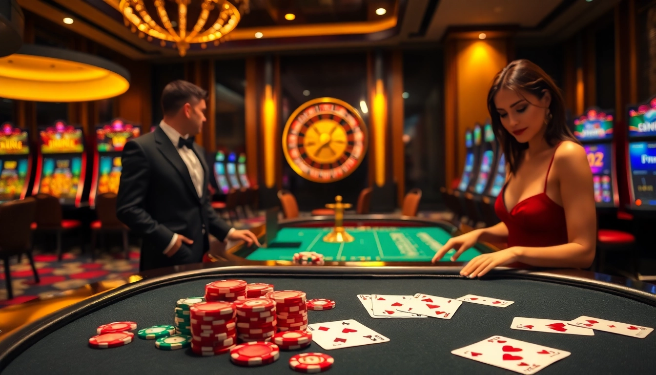 Experience excitement at dom88.us.com with a glamorous poker table set against a luxurious casino backdrop.