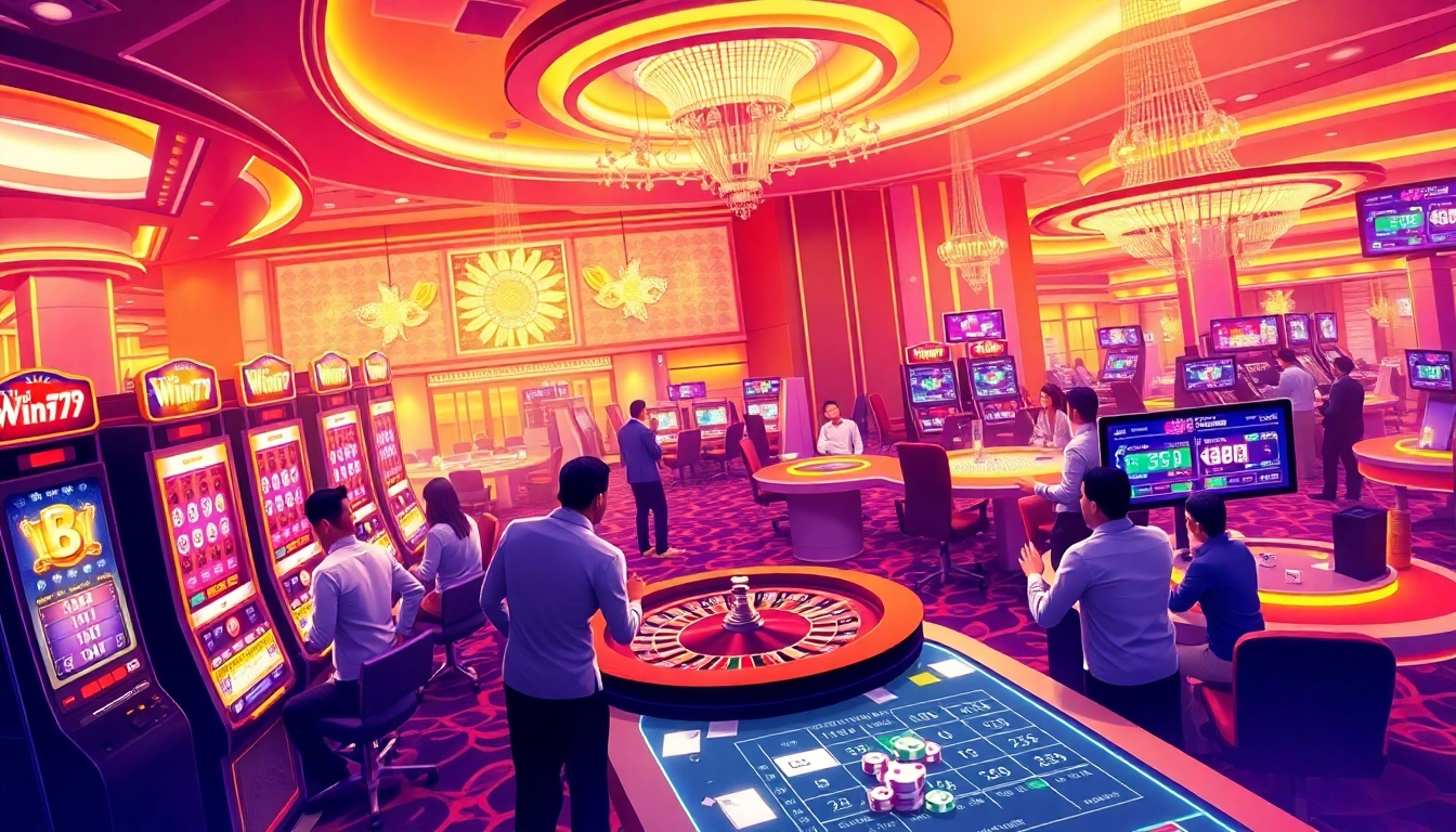 Experience the excitement at Link Win79 with vibrant casino tables, cards, and slot machines.