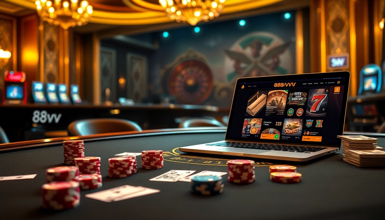 88vv gambling scene featuring luxurious casino tables and vibrant poker chips.