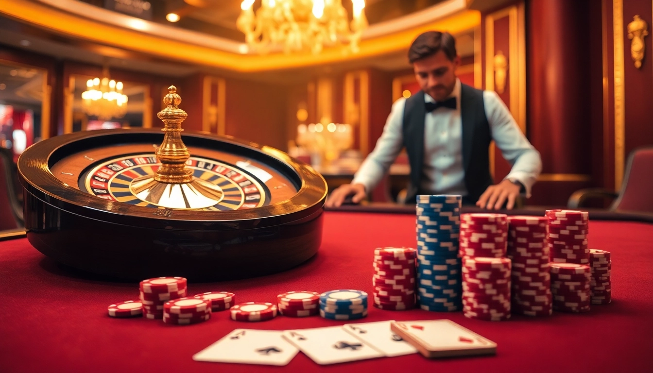 Playing roulette at rikvip.gb.net, showcasing an elegant casino scene with poker chips and cards.