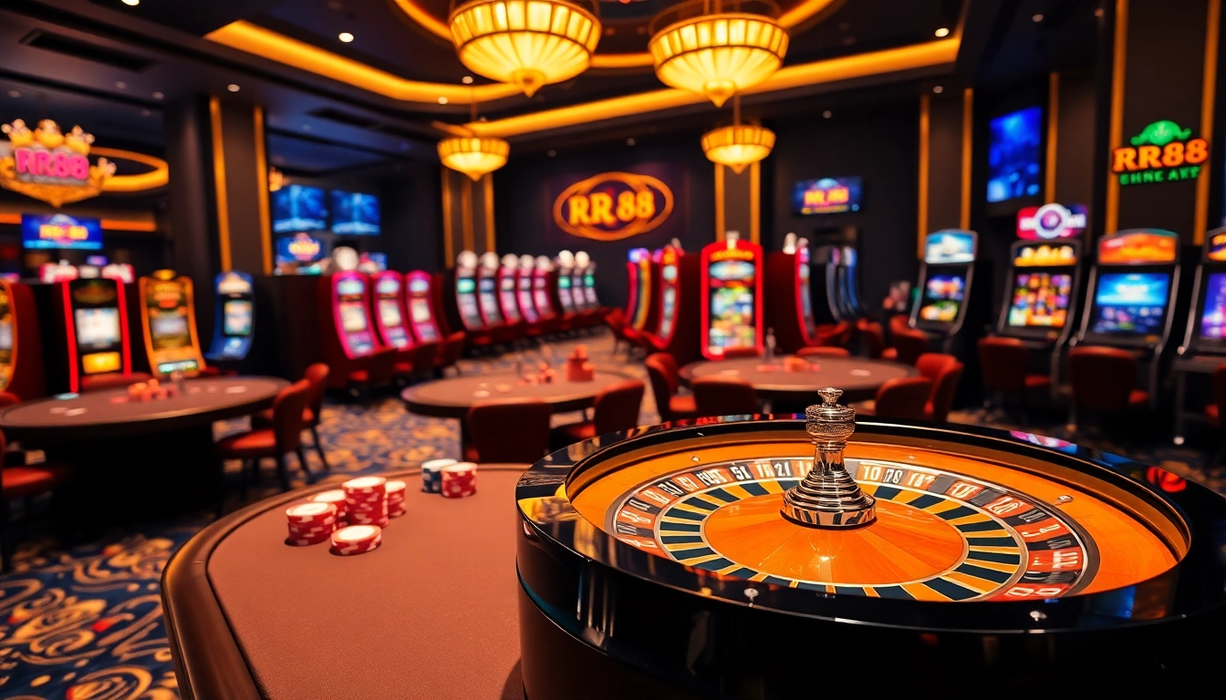 Experience the excitement of gambling at RR88 with vibrant gaming tables and slot machines.