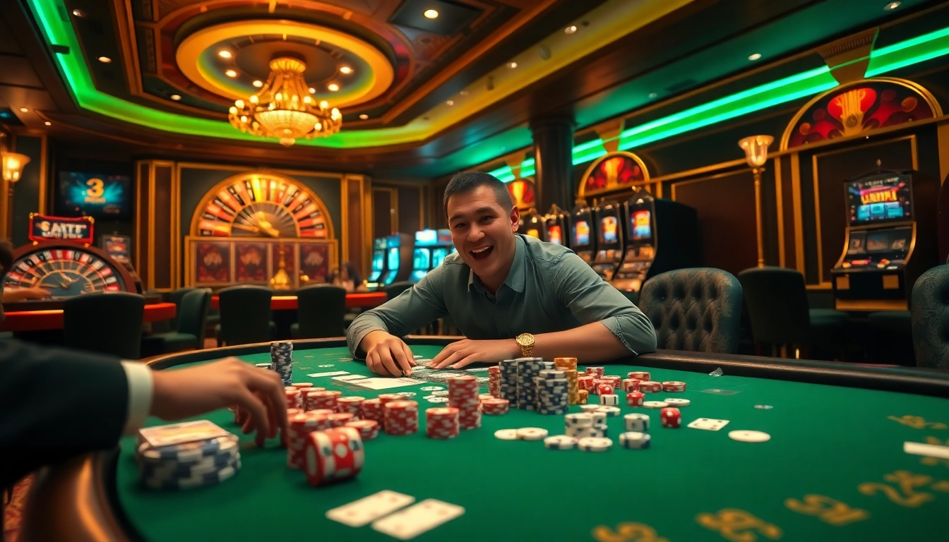 Players winning at Nhà cái 33win, featuring casino tables and vibrant gaming elements.