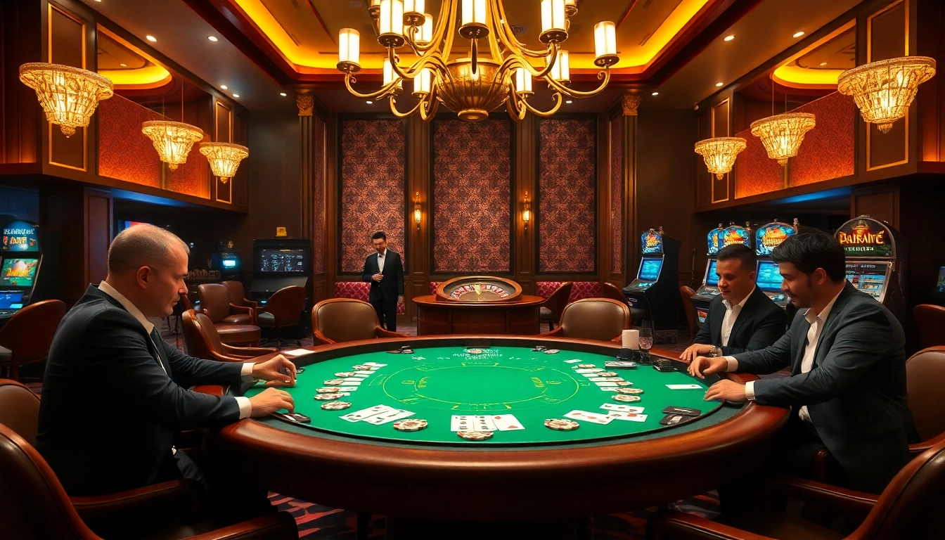 Experience the thrill of gambling at https://af88.space/ with players engaged around a luxurious poker table.