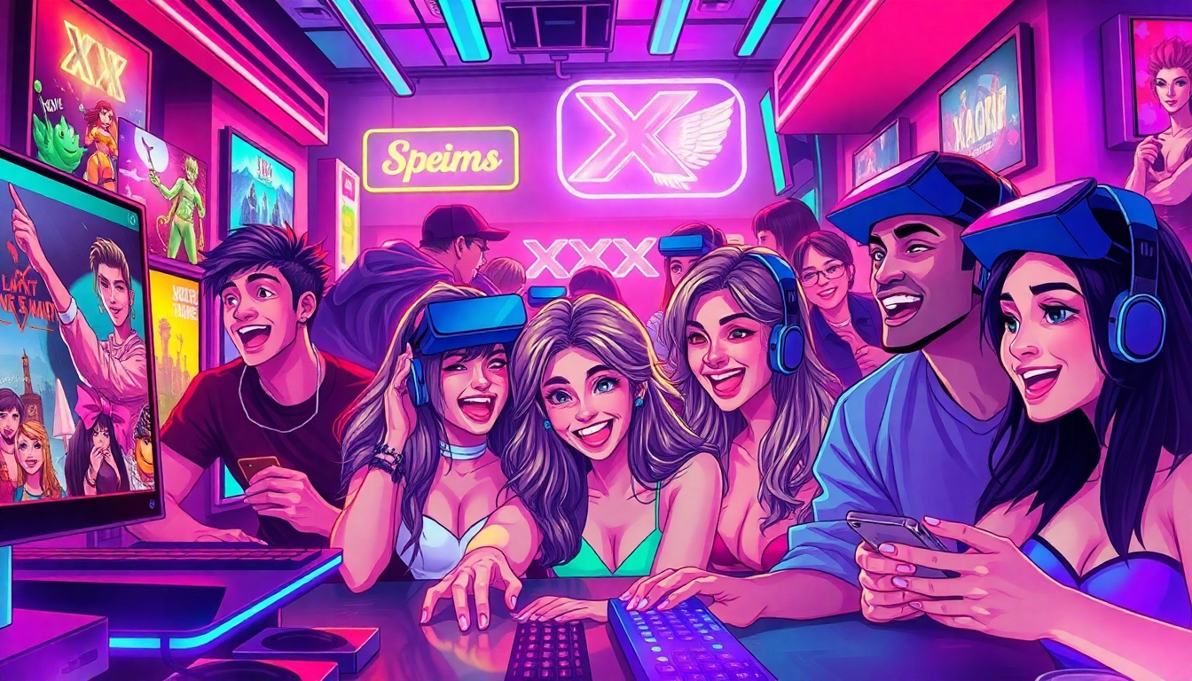 Engaging scene of diverse characters playing XXX games in a vibrant gaming hub.