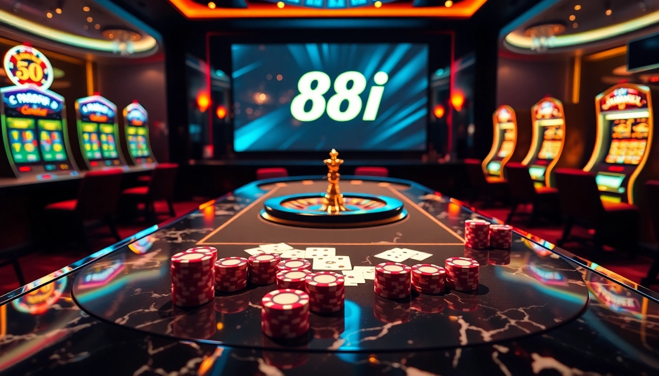 Experience luxury gambling at 88i with a vibrant casino scene of poker, slots, and roulette.