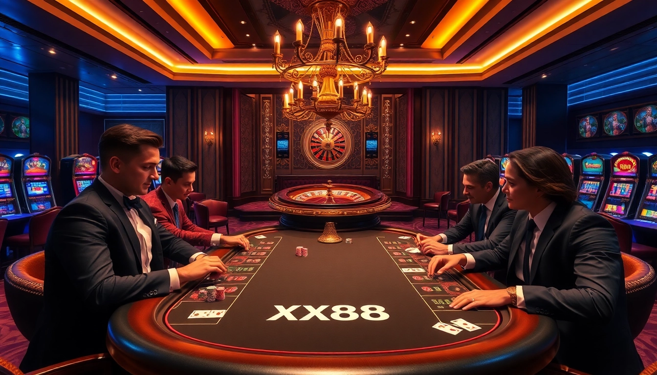 A high-stakes poker game at a luxurious casino featuring XX88 poker chips and cards.