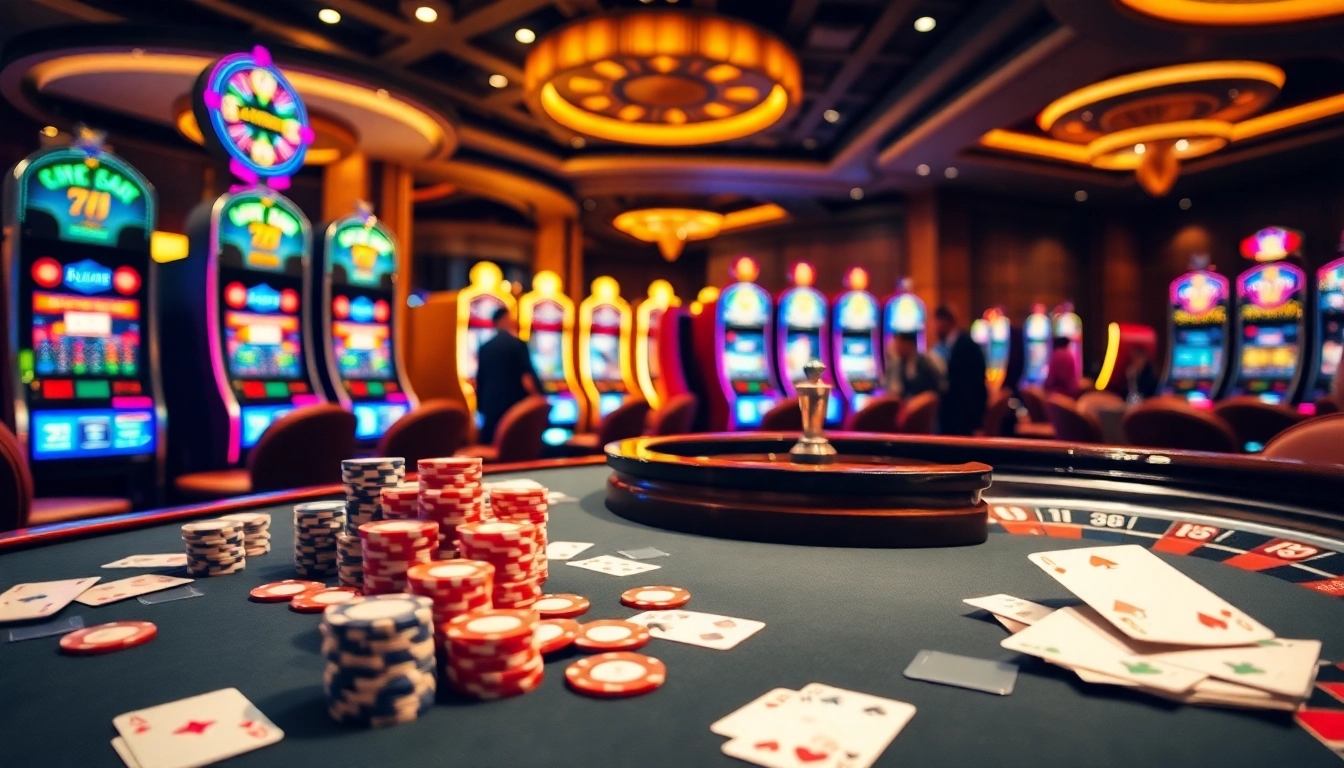 Experience thrilling gameplay at vipwin79 org with vibrant casino tables filled with poker chips and cards.