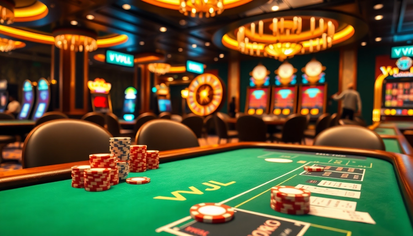 Engaging VVJL online casino scene with vibrant poker chips and roulette wheel.