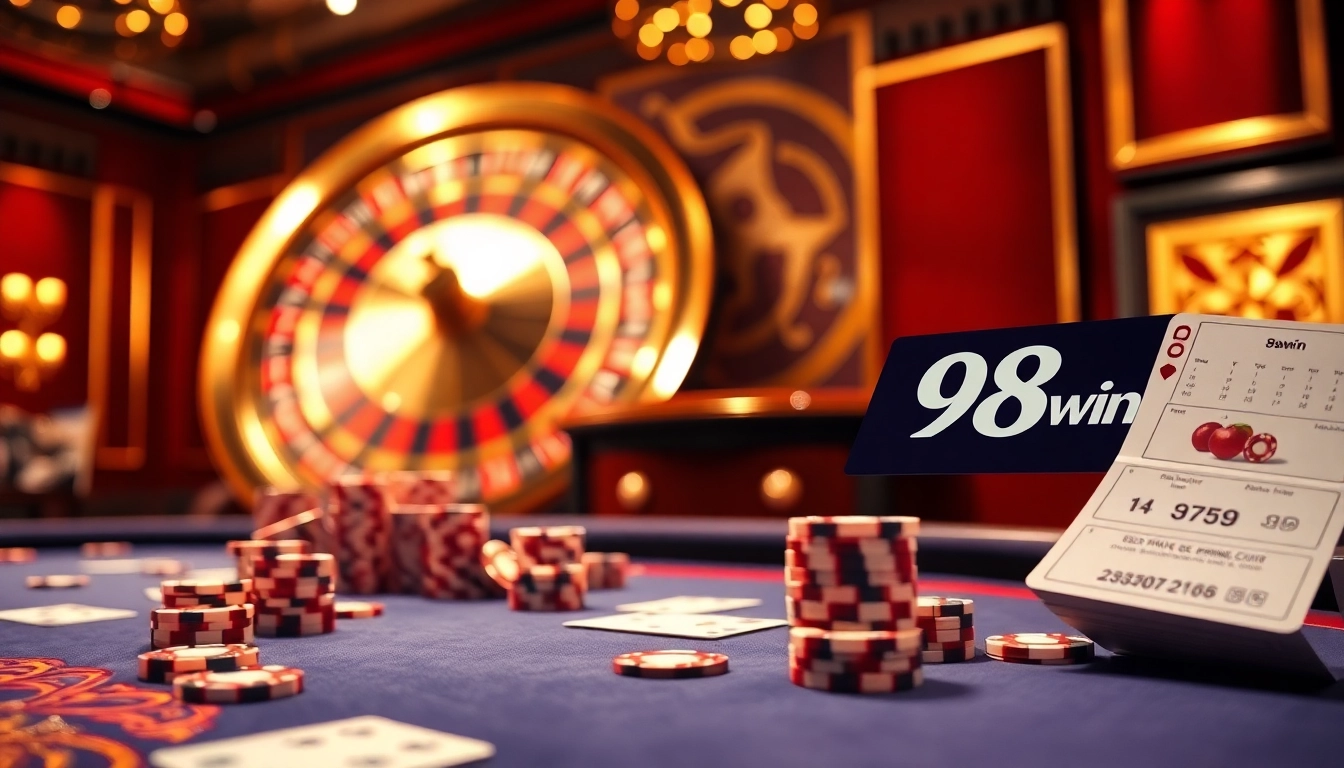 High-stakes poker table in a luxurious casino atmosphere featuring 98win com branding.