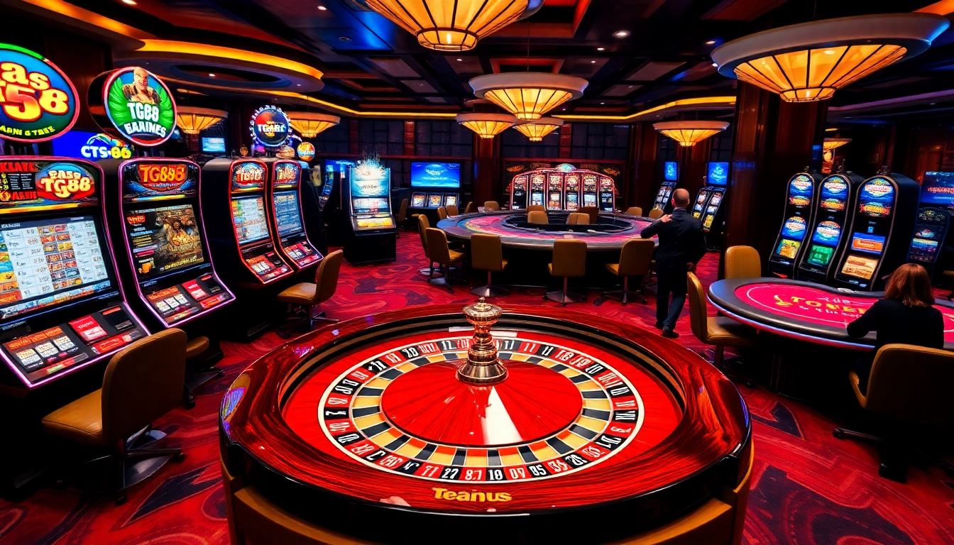 Experience the thrill of gaming at TG88 with vibrant slot machines and a roulette wheel.