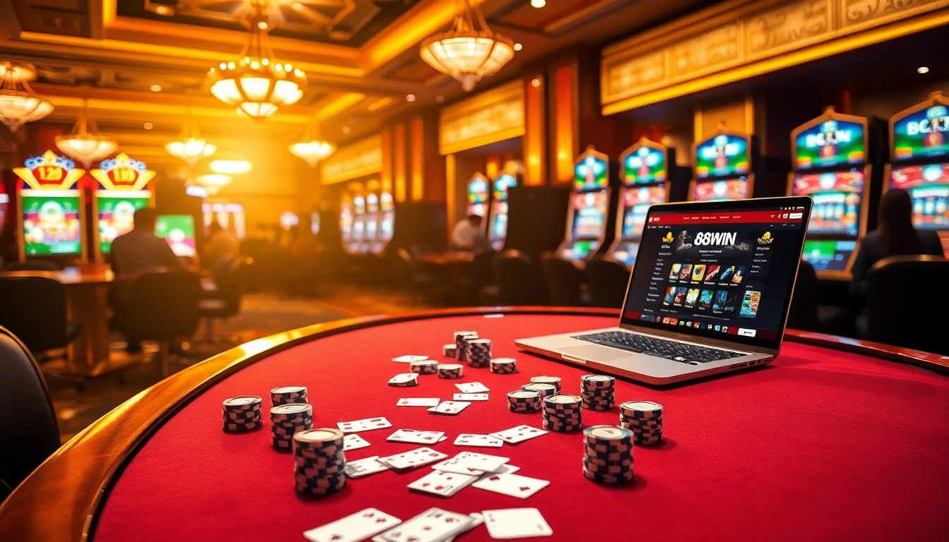 68WIN players immersed in an exciting online casino experience at a luxurious poker table.