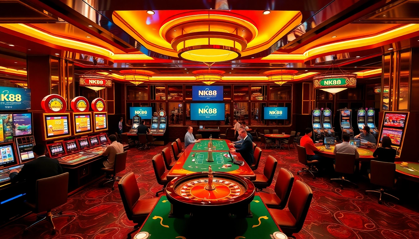 Players winning at NK88 casino tables in a vibrant and luxurious atmosphere.