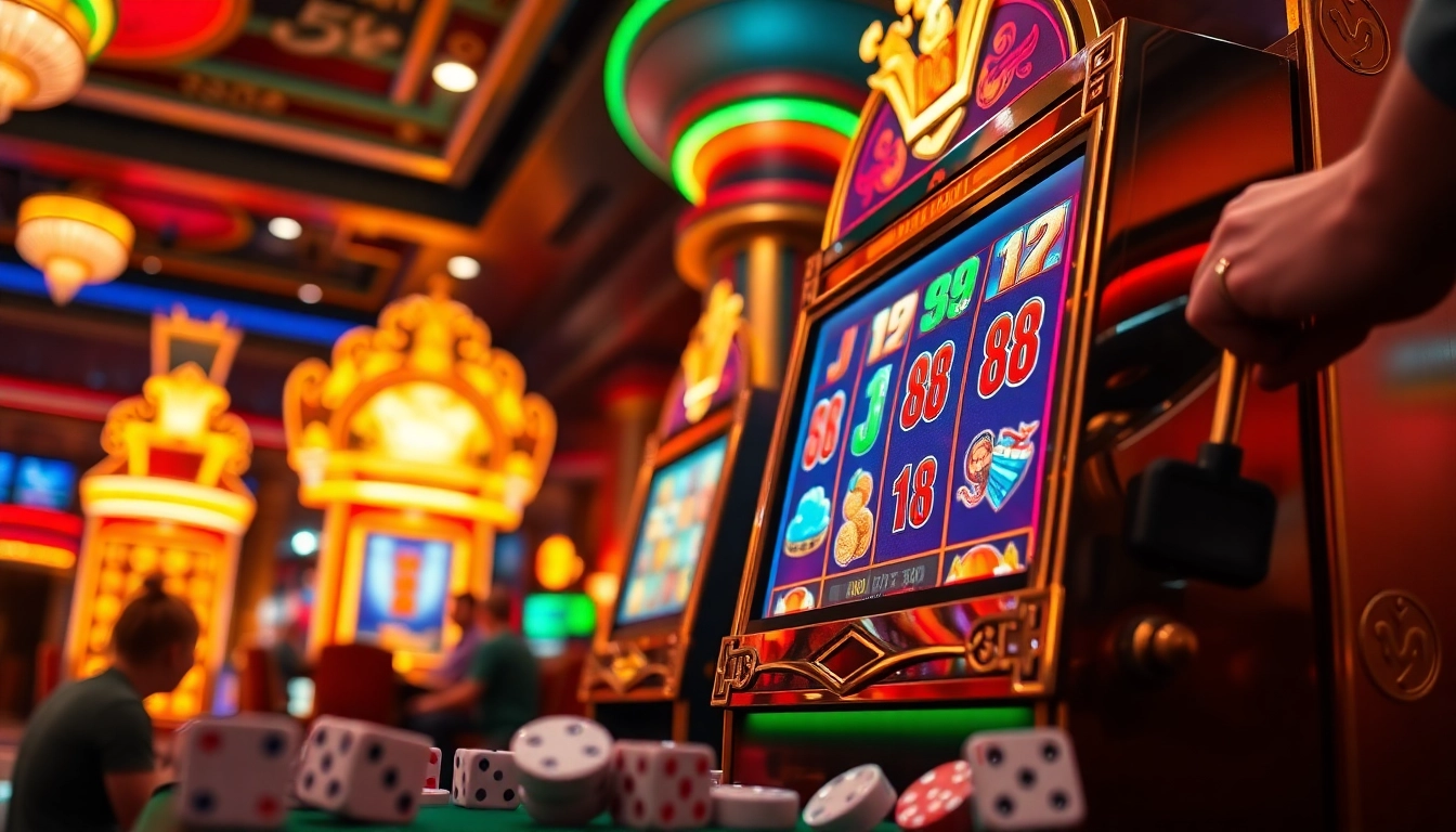 Experience the excitement of LUCKY88 at a vibrant casino with a thrilling slot machine scene.