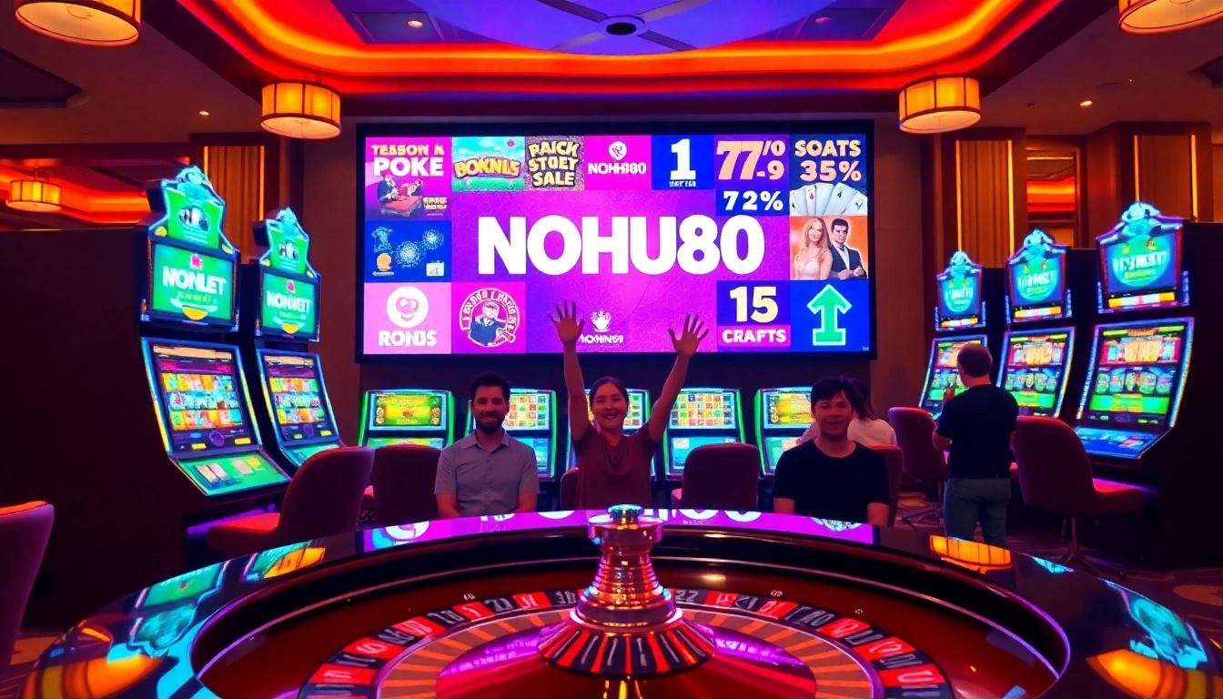 Experience the thrill of NOHU90 as players engage with vibrant casino games and slot machines.