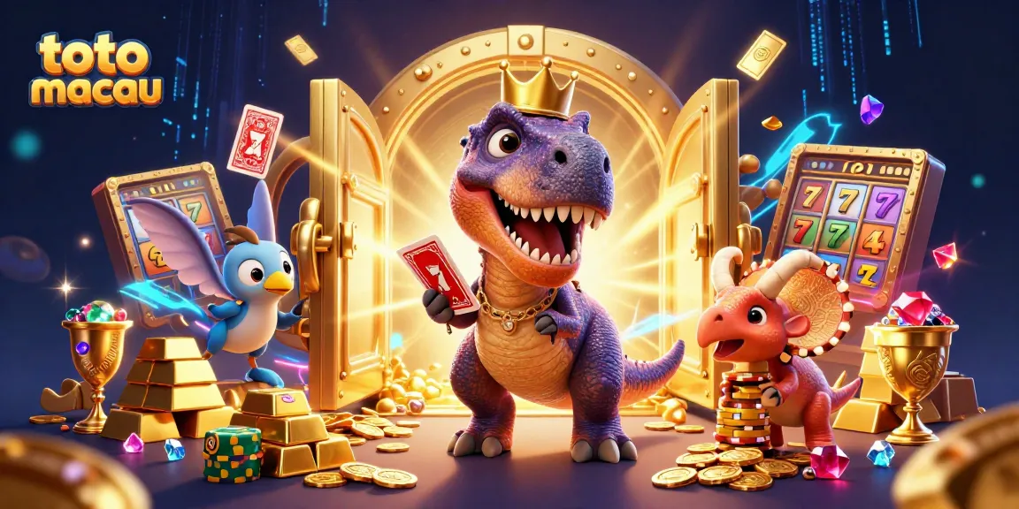 Experience exciting games at toto macau with a card-shuffling T-Rex in a thrilling casino scene.